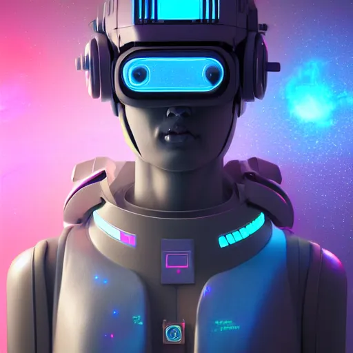 Image similar to cyberpunk concept humanoid bot, cinema 4 d, galaxy, ufo, space sci - fi, wearing vr goggles, illustration, portrait, pastel neon textured background night, trending on artstation, greg rutkowski, octane rendered, 1 2 k, detailed,