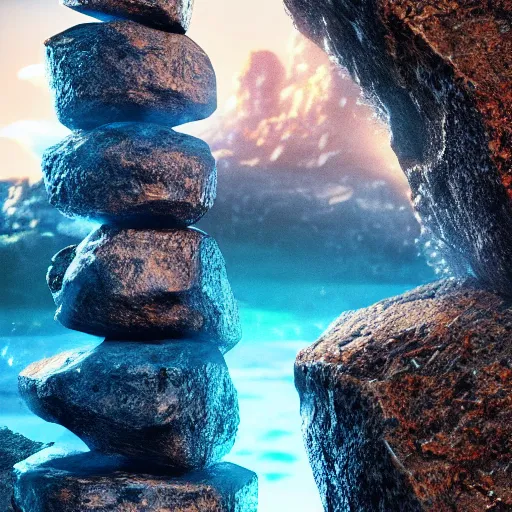 Prompt: a closeup photorealistic photograph of a rock tower with water drops, fantastic four theme.. bright scene. fine detail. this 4 k hd image is trending on artstation, featured on behance, well - rendered, extra crisp, features intricate detail, epic composition and the style of unreal engine.