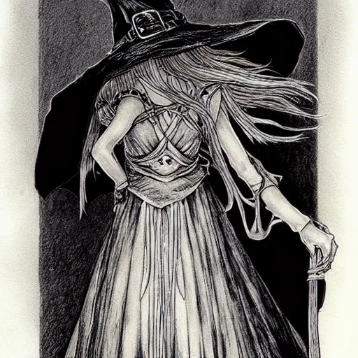 Prompt: young witch by kentaro miura, yoshitaka amano