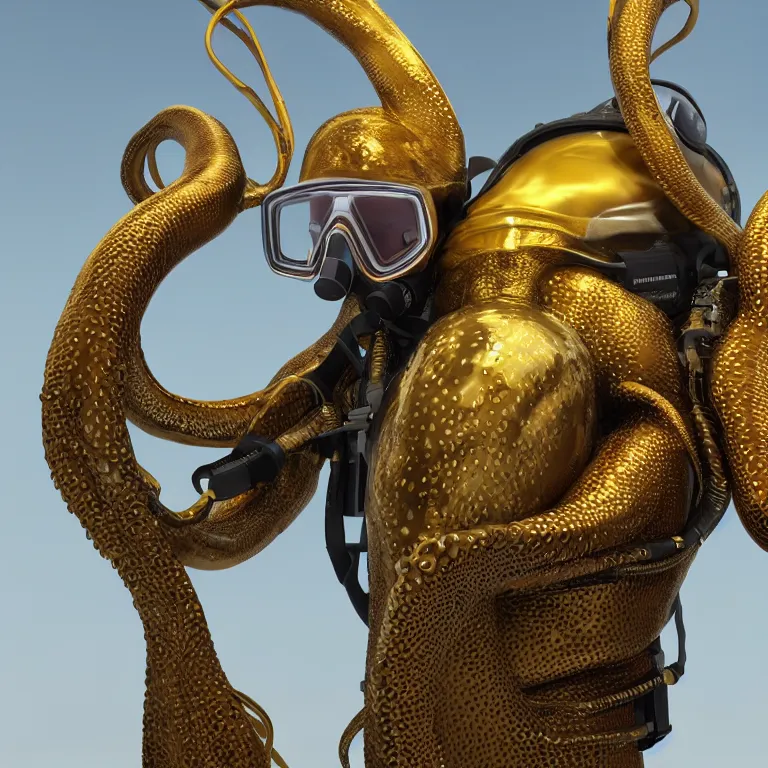 Prompt: octane render portrait by wayne barlow and carlo crivelli and glenn fabry, subject is a futuristic scuba diver wrapped up in and completely covered by giant long shiny reflective golden octopus tentacles, cinema 4 d, ray traced lighting, very short depth of field, bokeh