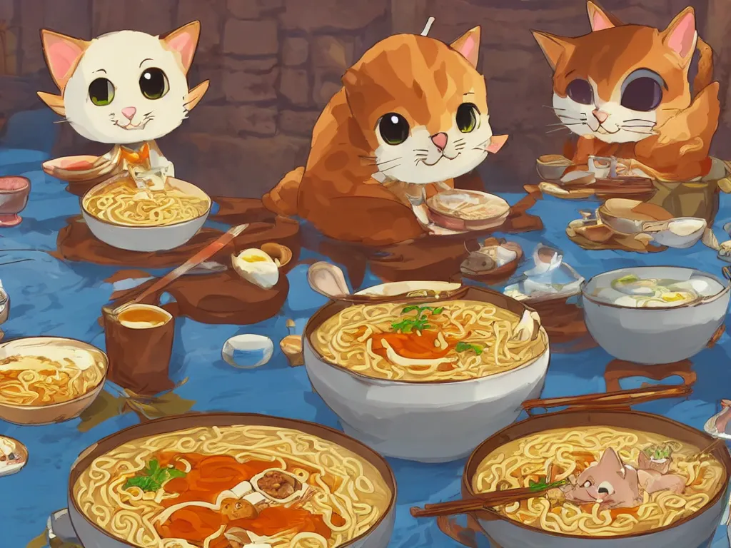 Image similar to Cute kawaii cat eating a bowl of ramen in The Legend of Zelda Breath of the Wild, toon shading, npr