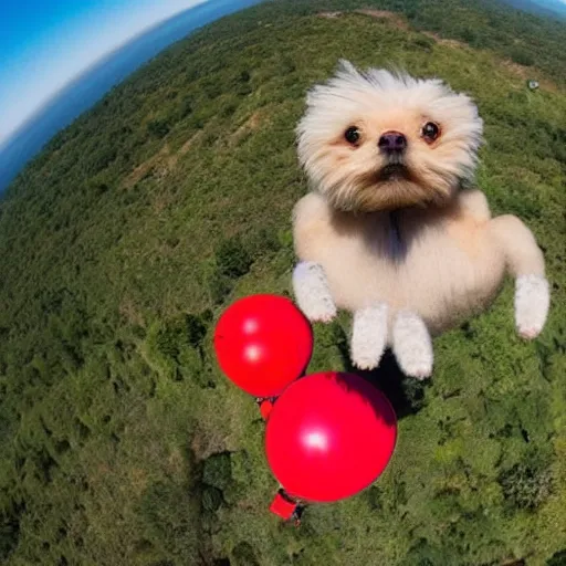 Image similar to a hairy dog attached to a large open balloon parachute jumping from a mountain cliff. captured by a drone. wide camera. epic