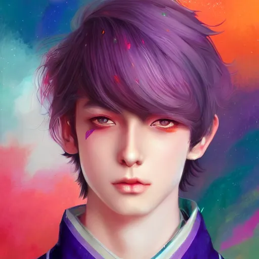 Image similar to colorful and festive captivating teenager boy with straight indigo hair, purple eyes with red eye markers, slim body, wearing a detailed japanese kimono. rich vivid colors, ambient lighting, dynamic lighting, 4 k, atmospheric lighting, painted, intricate, highly detailed by charlie bowater