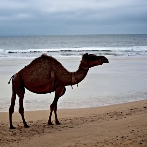 Image similar to a three legged camel at the seaside