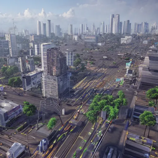 Prompt: Kinshasa as a modern metropolis with tall skyscrapers and wide streets with trams and buses hyperrealistic, 3d realistic, 8k, wide-screen, wallpaper, dramatic lighting, unreal engine 5, trending on artstation, beautifully lit, hyper-detailed
