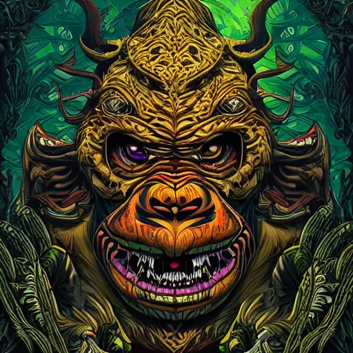 Image similar to barong family member, wiwek, mara demon, one single tribe member, jungle, one single mask, dark, ancient warrior, gorilla, lizard, tribal, inner glow, art by dan mumford and justin gerard