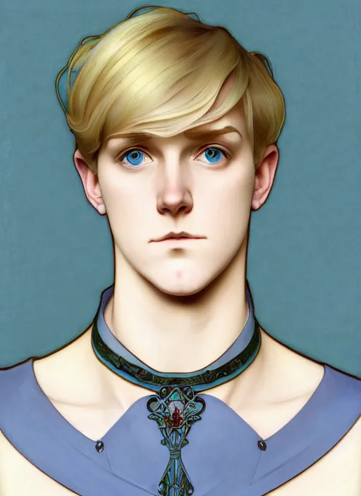 Prompt: art nouveau portrait of a pretty young man with short blond hair, light blue eyes, sad expression, scared, head down, shy and demure, wearing a choker collar, natural lighting, path traced, highly detailed, high quality, cartoon, digital painting, by don bluth and ross tran and studio ghibli and alphonse mucha