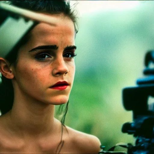 Prompt: film still, extreme far view, emma watson, jungle, vietnam door gunner, apocalypse now, associated press, 2 6 mm, kodak ektachrome, blue tint expired film,