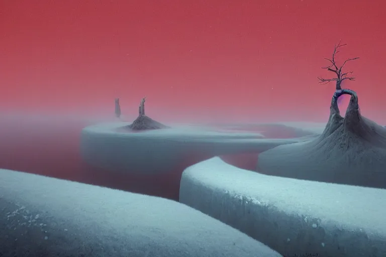 Image similar to surreal frozen landscape, painting by beeple and zdzisław beksinski, red color scheme, a matte painting by li shida, cgsociety, context art, redshift, matte painting, reimagined by industrial light and magic