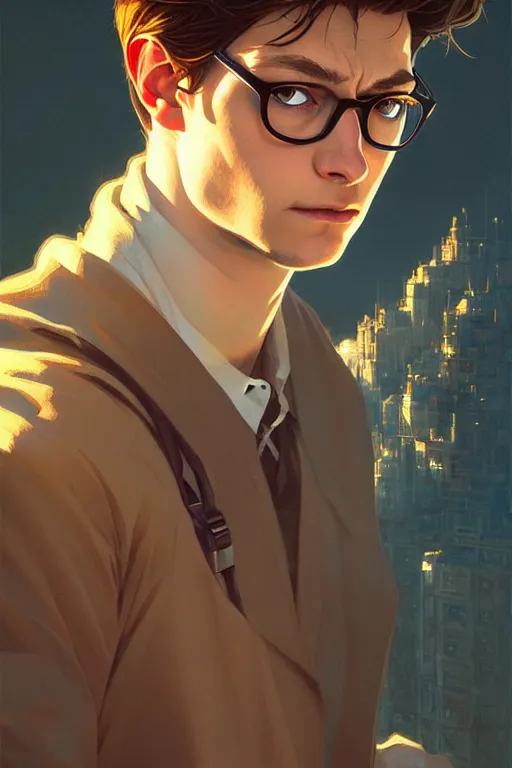 Image similar to Peter Parker, fantasy, portrait, sharp focus, intricate, elegant, digital painting, artstation, matte, highly detailed, concept art, illustration, ambient lighting, art by ilya kuvshinov, artgerm, Alphonse mucha, and Greg Rutkowski