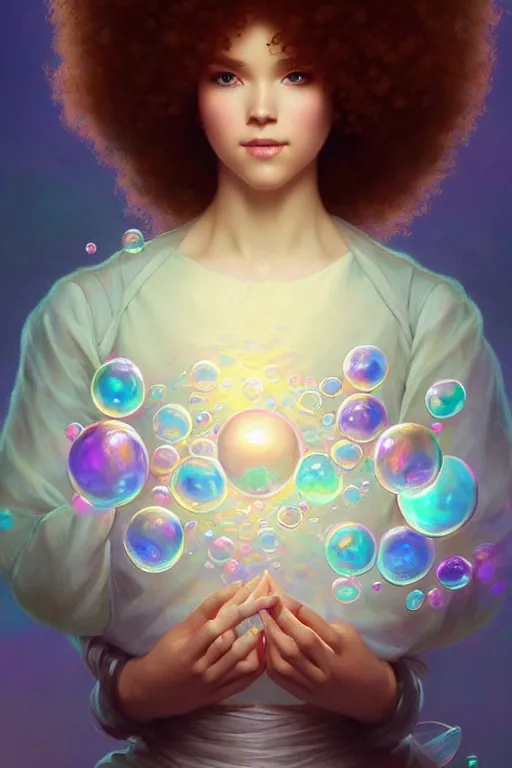 Image similar to bob ross android, dreamy and ethereal,, fantasy, intricate, elegant, rainbow bubbles, highly detailed, digital painting, artstation, concept art, smooth, sharp focus, illustration, art by artgerm and greg rutkowski and alphonse mucha