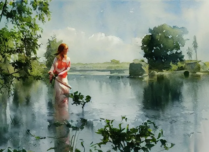 Prompt: watercolor painting of sunny summer morning, calm water, art by anders zorn, wonderful masterpiece by greg rutkowski, beautiful cinematic light, american romanticism by greg manchess, creation by tyler edlin, aquarelle