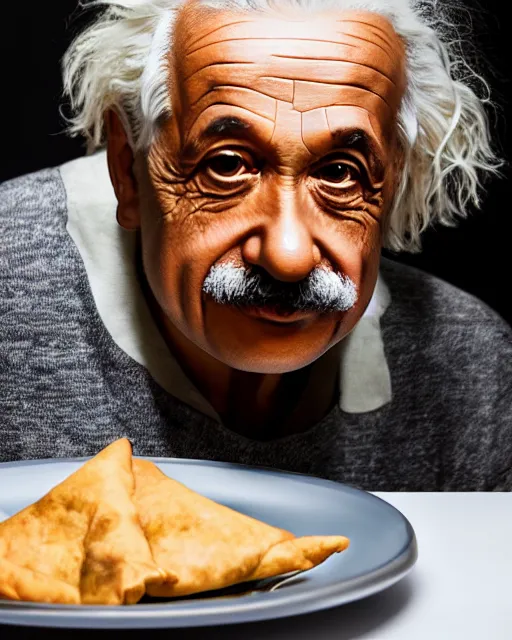 Image similar to a portrait of albert einstein sitting at the dining table with a plate containing samosas in front of him, highly detailed, trending on artstation, bokeh, 9 0 mm, f / 1. 4