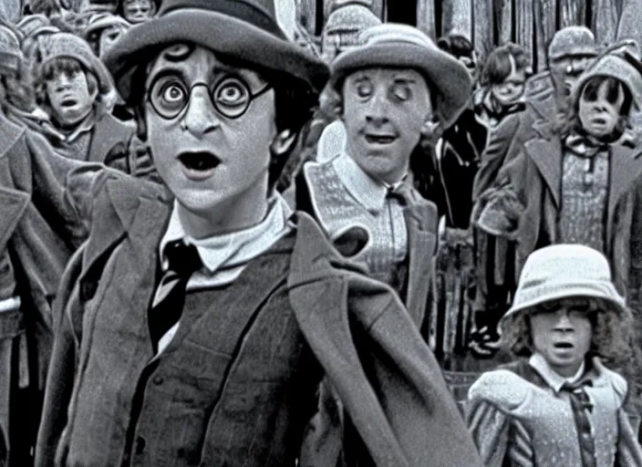 Image similar to film still of Harry potter in Willy Wonka's and the Chocolate Factory 1971