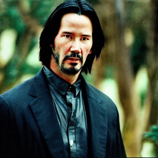 Image similar to cinematic film still of Keanu Reeves starring in a Steven Spielberg film as A Japanese Samurai at a temple, 1999, shallow depth of field, photograph, natural lighting