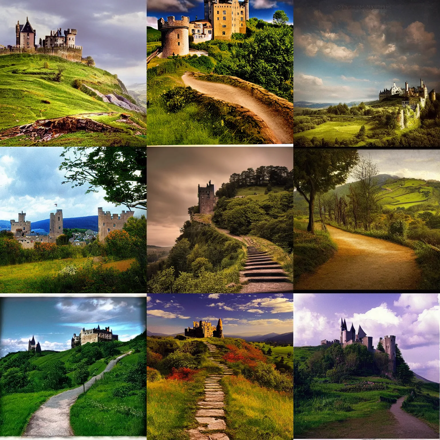 Prompt: photochrom!!!!!, a hilly landscape with castle and path