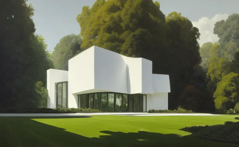 Image similar to painting of a wide angle exterior shot of a white modern architecture in the middle of an english garden with cinematic lighting by peter zumthor and frank gehry and renzo piano, darek zabrocki and greg ruthkowski, alphonse mucha, simon stalenhag and cinematic and blue cold atmospheric, archillect concept art, artstation, trending on artstation