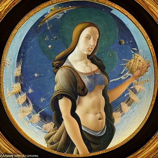 Image similar to woman stargazing stars planets aliens, inspired by botticelli, bosch, in collection of louvre, hyperdetailed, detailed