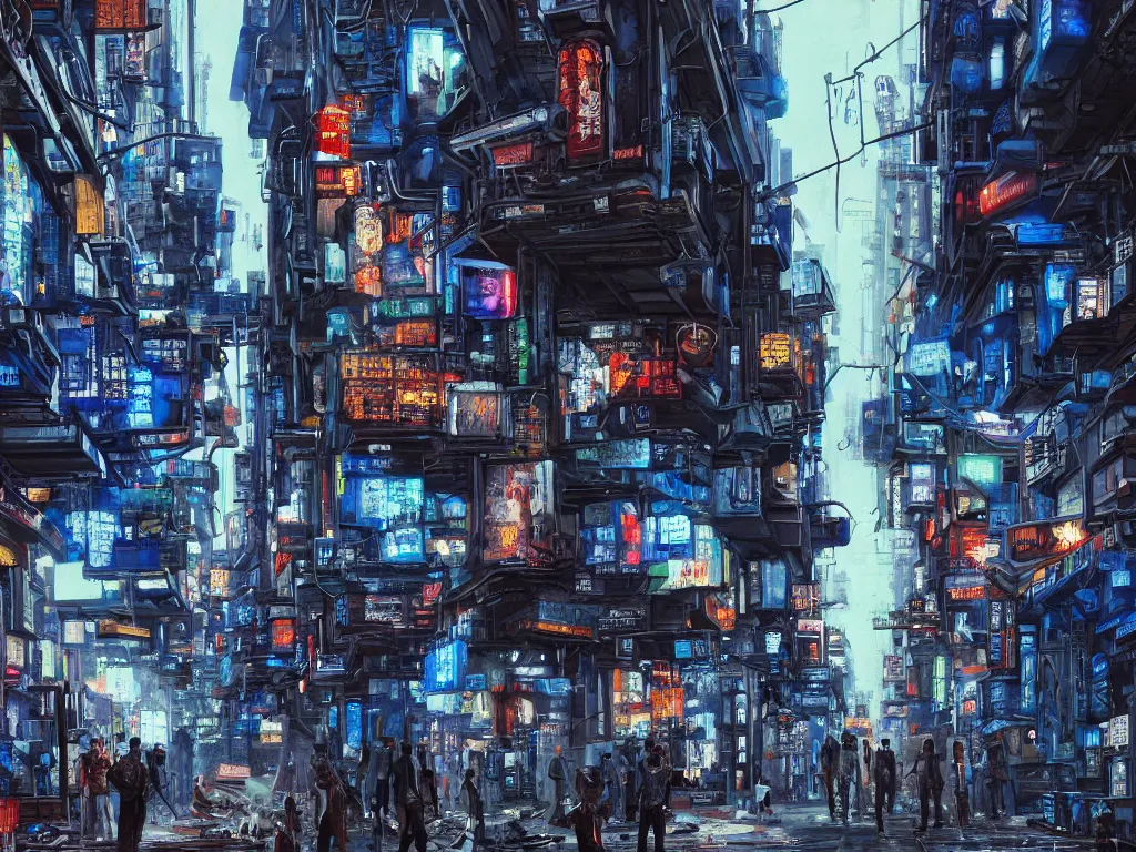 Prompt: realistic painting of a complex and gritty alleyway of a cyberpunk city, travelers, technological screens, cyberpunk ads, hieroglyphic signs, computation, intricate detail, noriyoshi ohrai and edward hopper and tsutomu nihei, blue color scheme, realism, hd wallpaper, 8 k resolution