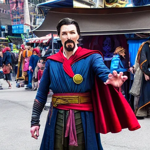 Image similar to a photo of Doctor Strange ((from Marvel)) asking for a bargain at the flea market, 8k UHD