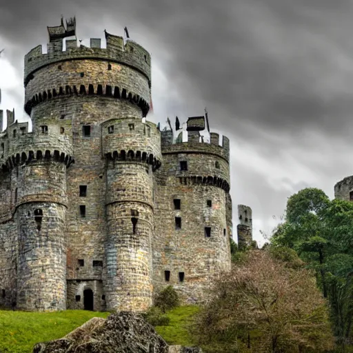 Image similar to a huge, rambling, quite scary - looking castle, with a jumble of towers and battlements, building, fantasy, landscape photo