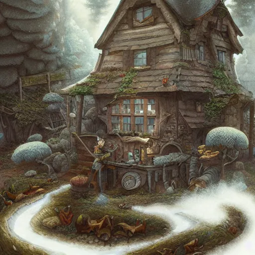 Image similar to a detailed illustration idyllic the house with smoke coming out of the chimney in the forest scene by Justin Gerard, trending on artstation, cgsociety, deviantart