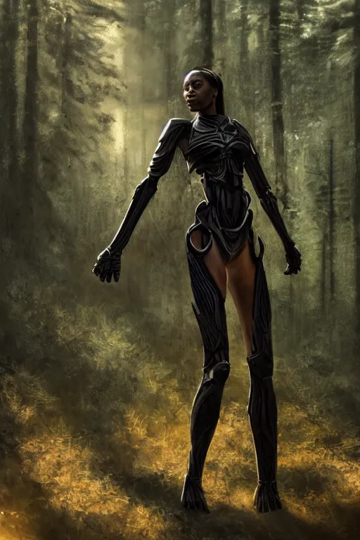 Prompt: hyperrealistic long shot mithra gorgeous black woman intricate exoskeleton bone armor in a forest sun behind her concept art eric zener elson peter cinematic light low angle hd 8k sharp rack focus