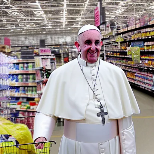 Image similar to Pope Francis wearing a French maid outfit and cat ears walking through Walmart, highly detailed, very highly detailed, 4k, photorealistic