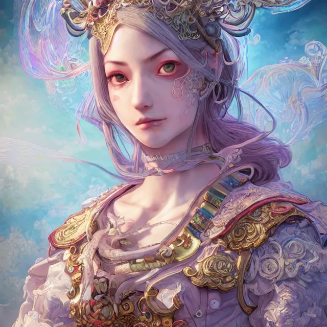 Prompt: studio portrait of neutral good rainbow colorful female cleric bard healer as absurdly beautiful, elegant, young skinny pretty european gravure idol, an ultrafine hyperdetailed illustration by kim jung gi, intricate linework, detailed faces, super sharp focus, bright colors, octopath traveler, final fantasy, unreal engine 5 highly rendered, global illumination, radiant light, detailed and intricate environment