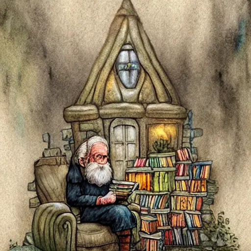 Image similar to dramatic light volumetric light hobbit knome elf whimsical fantastical a muted color watercolor sketch of a old man sitting in big chair next of a fireplace in his whimsical fantastical hobbit house living room surrounded by stacks of books from a whimsical fantastical story book character ifrom the book Baltimore & Redingote by Jean-Baptiste Monge of an old man in the style of by Jean-Baptiste Monge that looks like its by Jean-Baptiste Monge and refencing Jean-Baptiste Monge