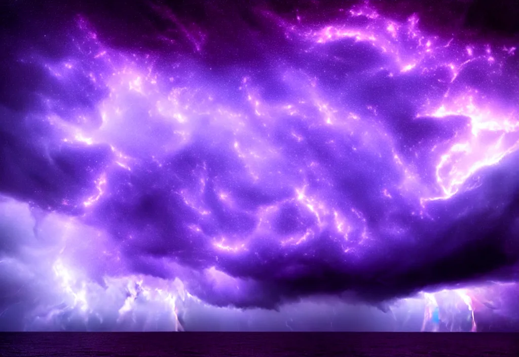 Prompt: purple color lighting storm with stormy sea close up of a pirate ship firing its cannons trippy nebula sky with dramatic clouds painting by banksy Photorealism