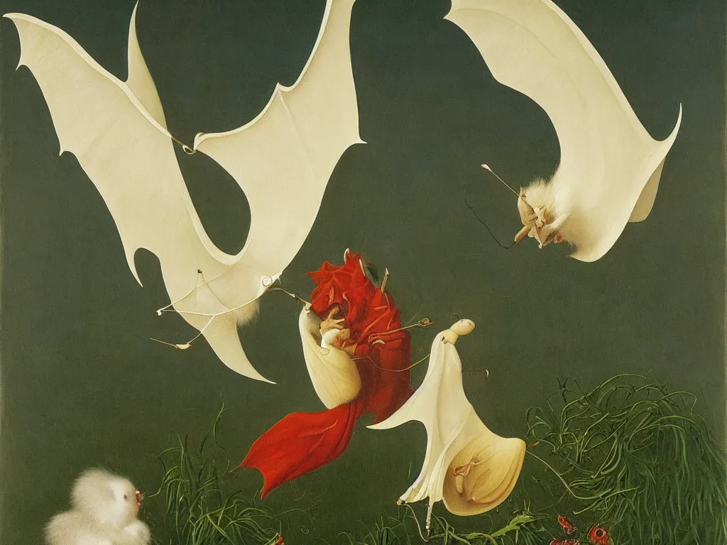 Image similar to beautiful exotic white fluffy bat, long antennae, giant ears. Night, fireflies. Painting by Jan van Eyck, Audubon, Rene Magritte, Agnes Pelton, Max Ernst, Walton Ford