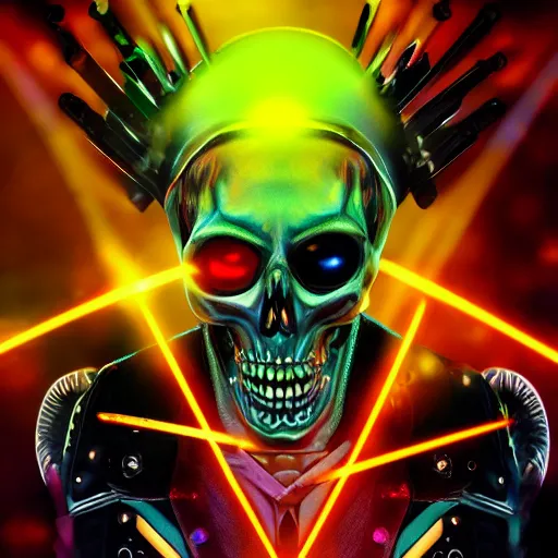 Image similar to gothpunk Skeletor with laser eyes, playing electric guitar, smoke, lights, lasers, highly detailed, realistic, technology and magic, studio lighting, UHD