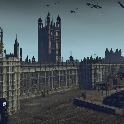 Prompt: Houses of Parliament, London in ruins post-nuclear war in Fallout 4, in game screenshot