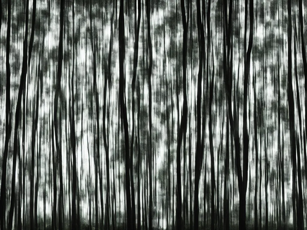 Prompt: double exposure photograph of tens of eucalyptus trees, strong back light, digital glitches, in the style of edward steichen and klee,