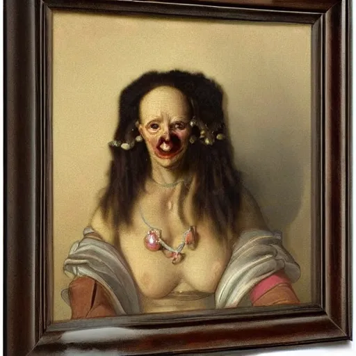 Image similar to dutch golden age oil painting by christian rex van minnen portrait of an extremely bizarre disturbing mutated woman wearing fancy fur and jewels with intense chiaroscuro lighting perfect composition