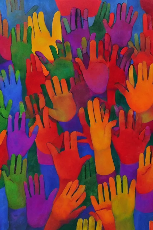 Prompt: An oil painting of many colored hands from before reaches above for a blaze for all from ritikiyu ninomi