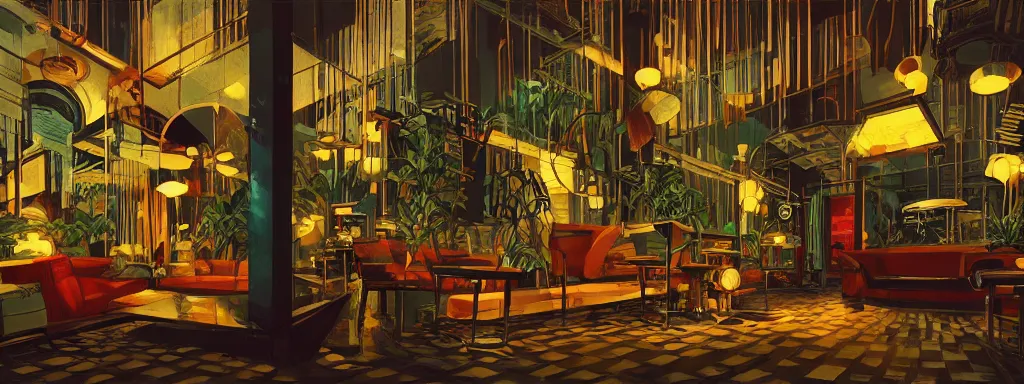 Image similar to concept art, retro - futurist speakeasy, reflections, night lighting, designer furniture, high ceiling, 6 0 s colour palette, plants, flowers, floor lamps, multi - level, soft lighting, city view, bladerunner, james jean, syd mead, akihiko yoshida, cinematic