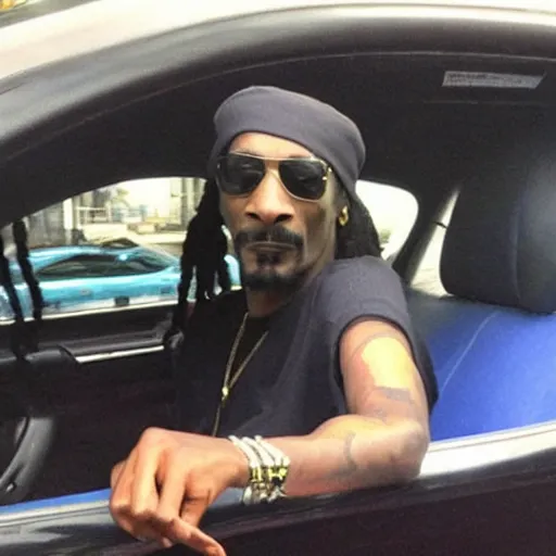 Image similar to Snoop Dogg is sitting in a police car wearing a cap C-11