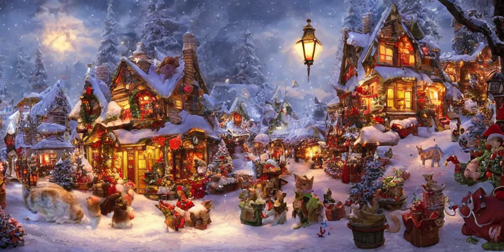 Image similar to cat christmas fantasy village street view by artgerm and Craig Mullins, James Jean, Andrey Ryabovichev, Mark Simonetti and Peter Morbacher 16k