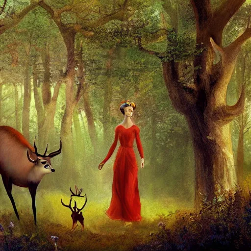 Image similar to a painting of a woman standing in a forest with deer, a storybook illustration by louise abbema, cgsociety, magical realism, reimagined by industrial light and magic, volumetric lighting, cinematic lighting