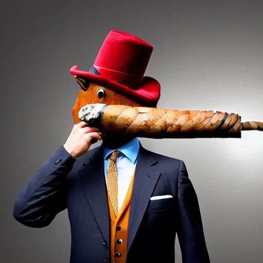 Image similar to an antropomorphic horse wearing a suit smoking a cigar