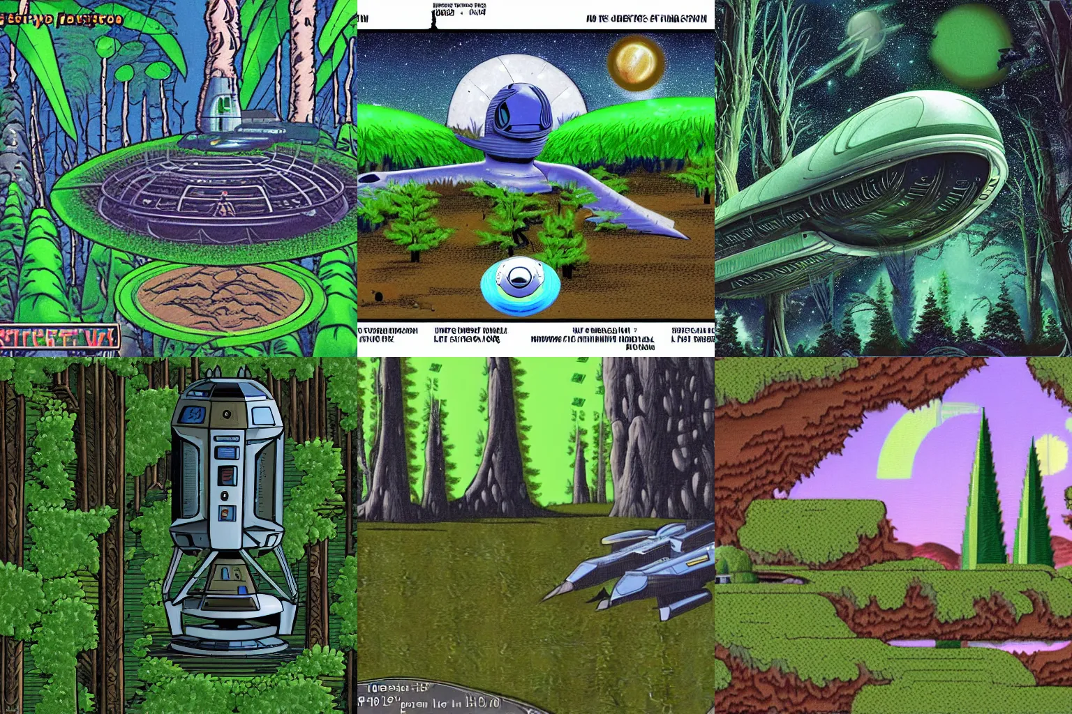 Prompt: a spaceship on a strange alien planet with an alien forest in background, from a space themed point and click 2D graphic adventure game, made in 1999, high quality graphics