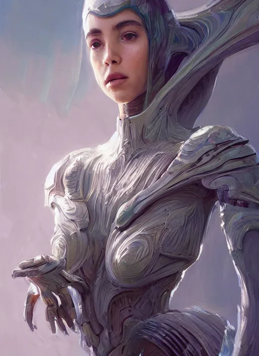 Image similar to a professional painting of a beautiful young female alien, clothed in ethereal armor, olive skin, long dark hair, beautiful bone structure, symmetrical facial features, intricate, elegant, digital painting, concept art, smooth, sharp focus, illustration, from Valerian and the City of a Thousand Planets, by Ruan Jia and Mandy Jurgens and Artgerm and William-Adolphe Bouguerea