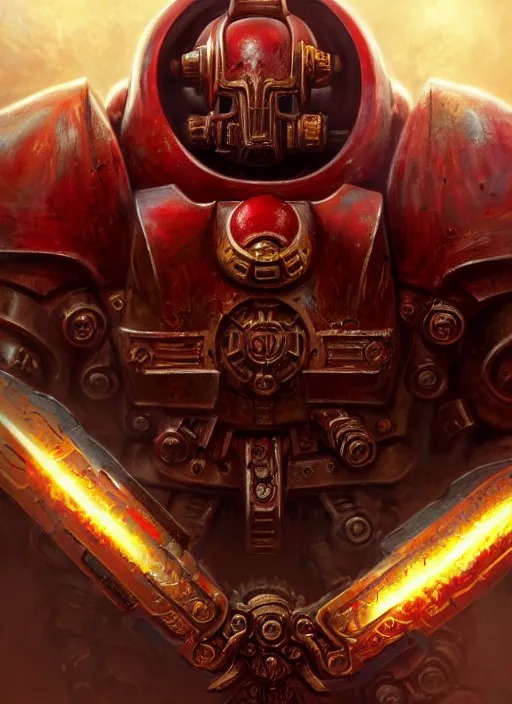 Image similar to blood angels chaplan with golden face armor, extremly detailed digital painting, warhammer 4 0 k, strong rim light!!!!!, raymond swanland, tomasz alen kopera, unreal engine 5, intricate, exquisite lighting, highly detailed, cinematic lighting, art, octane render, very coherent, cinematic, 8 k, trending on artstation