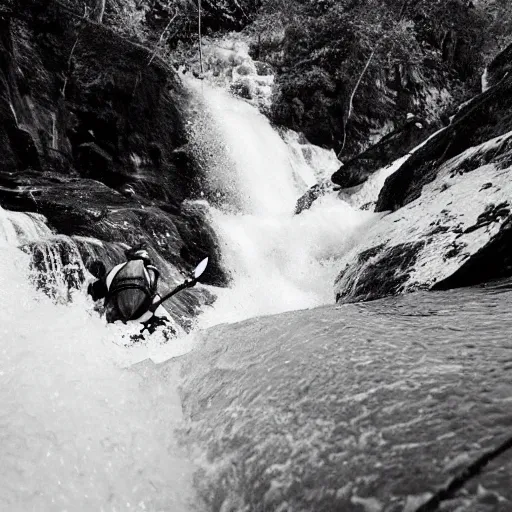 Prompt: “whitewater kayaking down a skull waterfall, black and white”