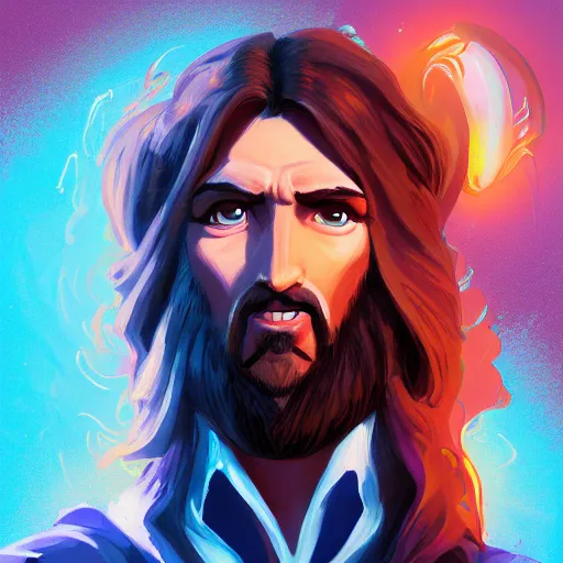 Image similar to portrait of jesus christ dressed in hanoi rocks style, mattepainting concept blizzard pixar maya engine on stylized background splash comics global illumination lighting artstation lois van baarle, ilya kuvshinov, rossdraws