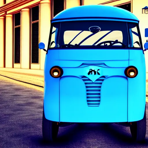 Prompt: super realistic 8 k render of a blue and white tuk tuk, powerful elegant, cinematic composition