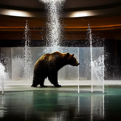 Image similar to a bear in a fountain in an empty mall, high resolution photograph, paul nicklen, atmospheric lighting