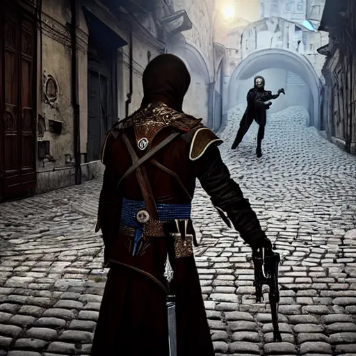 Prompt: Detailed portrait of Volodymyr Zelensky close to reality in 2022, in game style 8k in a detailed costume of an assassin from a computer game of an assassin, on a detailed background Vladimir Putin is lying on a cobblestone with a bare torso smeared with red paint, a detailed background,